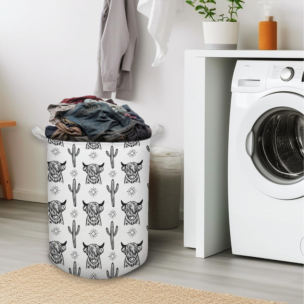 Western Laundry Basket, Retro Highland Cow Cactus Collapsible Laundry Hamper - Waterproof, Dirty Clothes Storage Bin