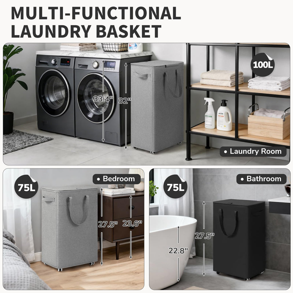 100L Large Rolling Laundry Basket with Wheels and Lid, Gray
