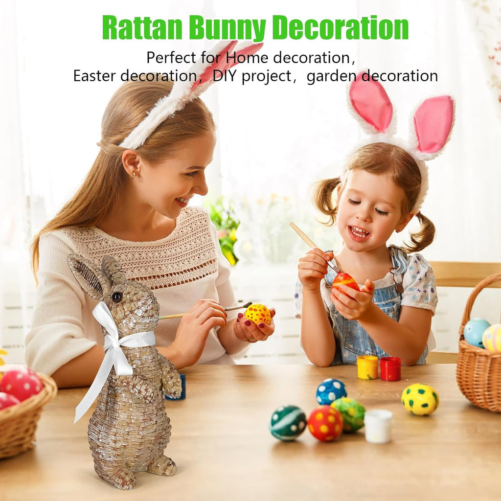 Rattan Effect Resin Bunny Easter Decor,Table Rabbit Easter Decorations,Spring Bunnies Decoration Statue Figurine - Set of 2