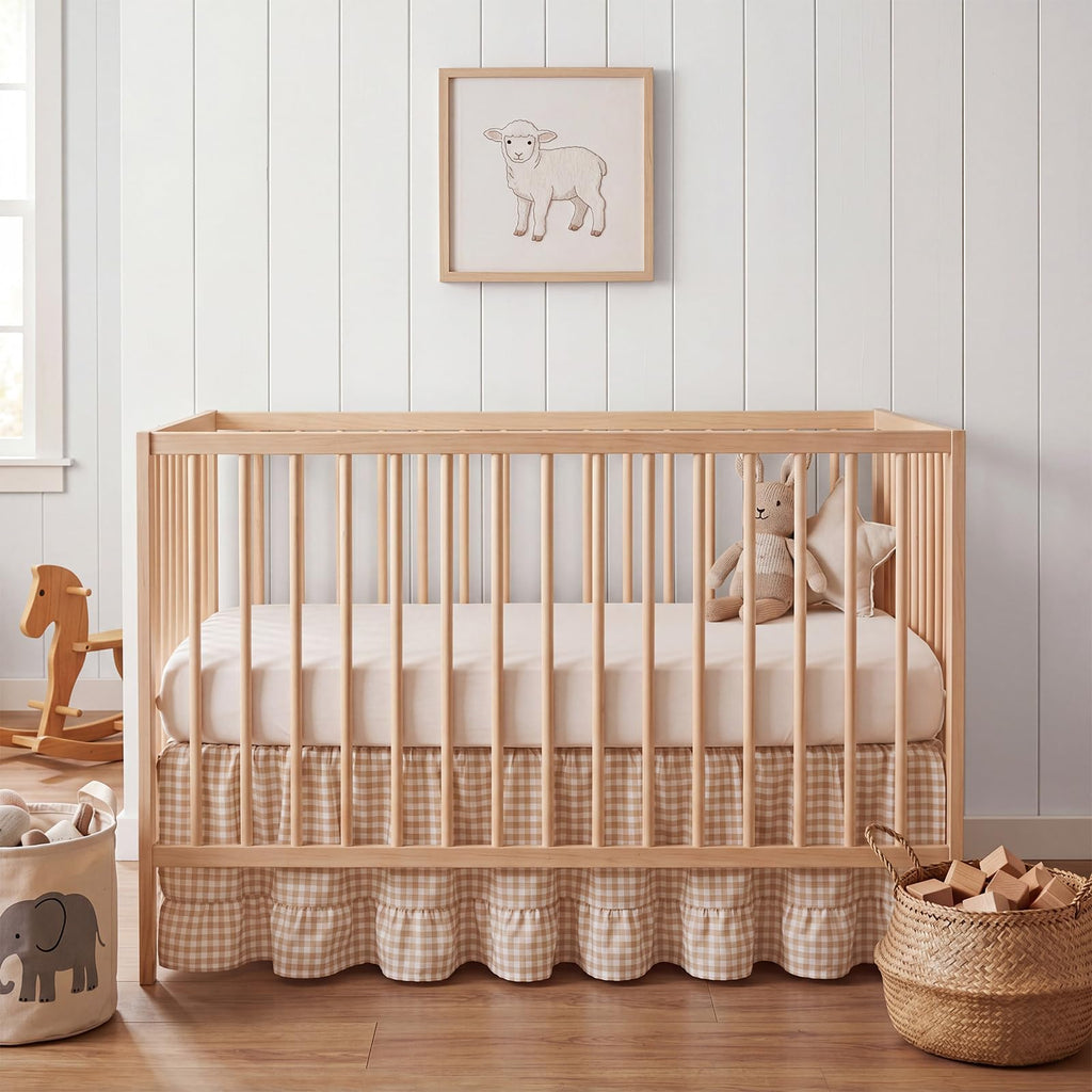 Gingham Crib Skirt Dust Ruffle 52 x 28 Inch 100% Cotton, Beige