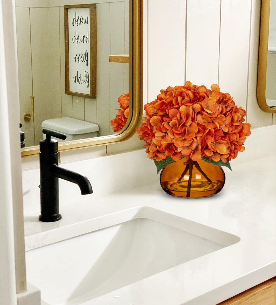 Orange Fall Hydrangeas with Vase Indoor Faux Fall Artificial Decor Silk Fake Arrangements in Glass Vase Autumn