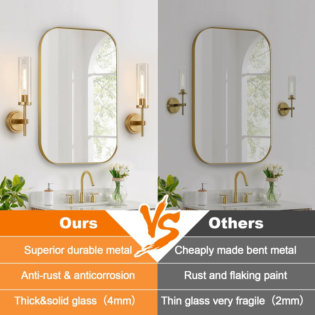 [Hardwired] Wall Sconces Set of Two, Brushed Gold Bathroom Sconces with Clear Glass, Modern Wall Light Fixtures for
