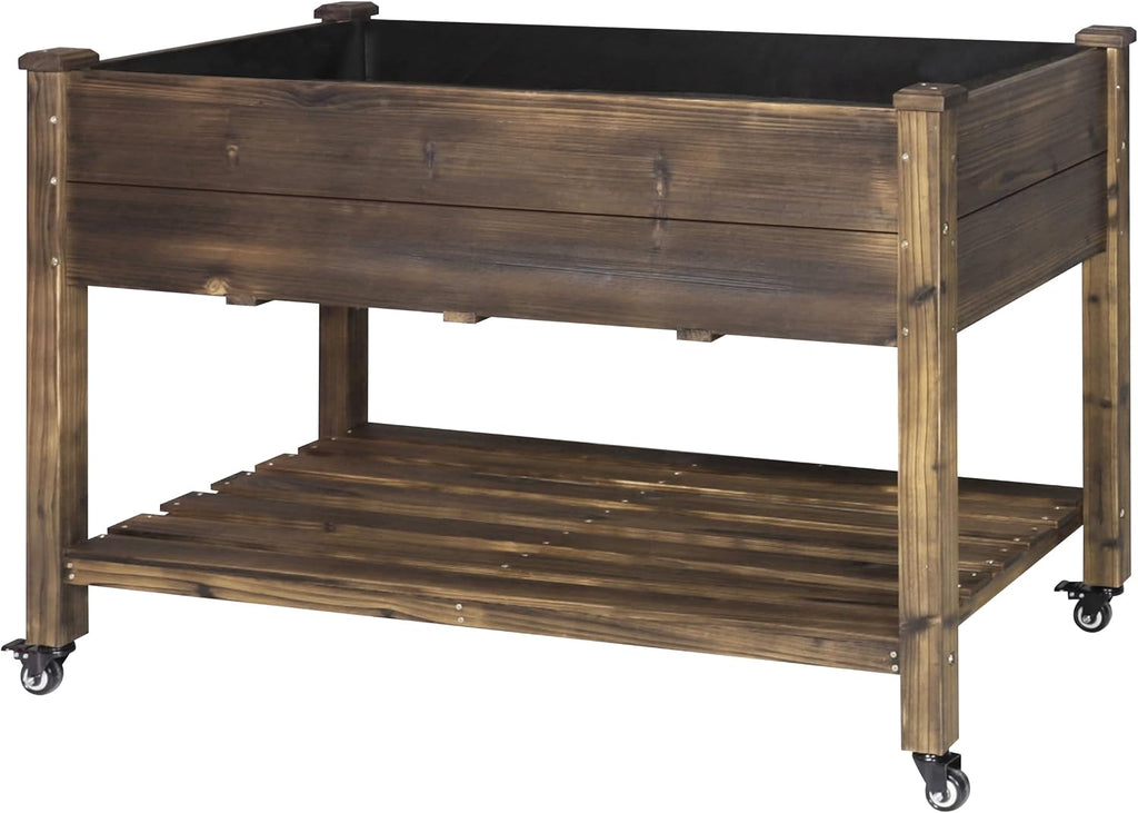 48x24x33in Cedar Raised Garden Bed, Planter Raised Beds with Lockable Wheels, Storage Shelf, Raised Garden Beds