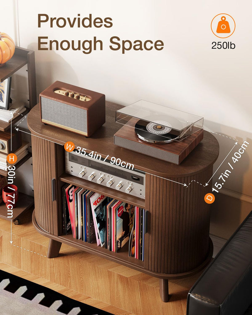 Record Player Stand, Midcentury Modern Furniture Turntable Stand with Sliding Doors, Audio-Video Shelving Cabinet