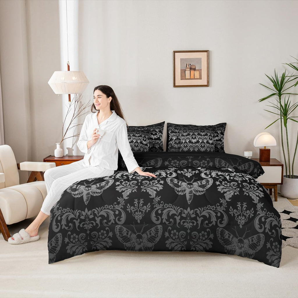 Gothic Queen Comforter Set 7 Pcs Black Grey Moth Goth Bed in A Bag with Sheets Vintage Damask Boho Bedding Comforter