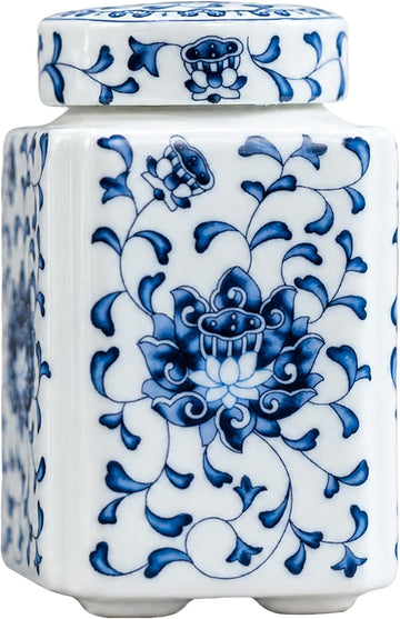 200 ml Small Ceramic Tea Canister with Lid, Decorative Chinoiserie Ginger Jar with Cork Stopper Countertop Decor