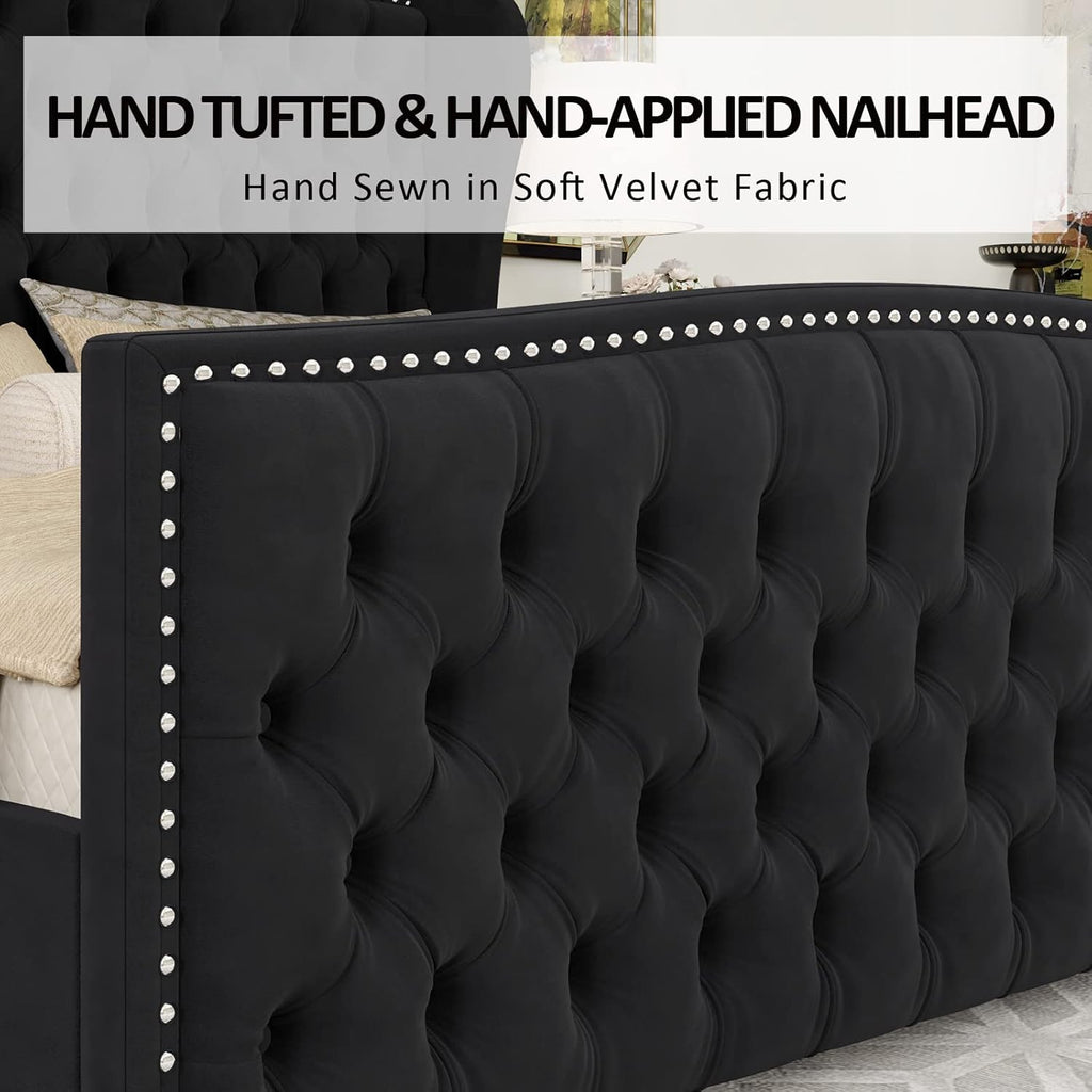 Queen Platform Bed Frame, Velvet Upholstered Bed with Deep Button Tufted & Nailhead Trim Wingback Headboard/No Box