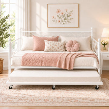 Daybed with Trundle, Trundle Bed Twin with Heart-Shaped Headboard, Sturdy Metal Day Bed with Steel Slat Support, Twin