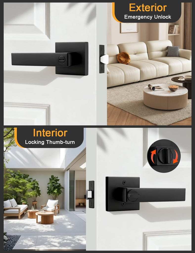 6 Pack Square Privacy Door Levers Locksets in Matte Black Finish, Bed/Bath Door Levers Keyless Interior