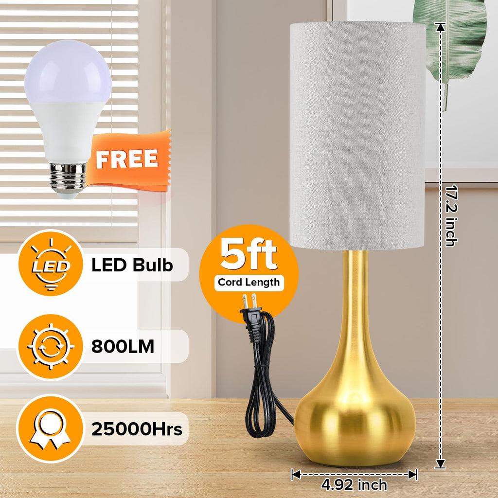Touch Gold Table Lamp for Nightstand, 3-Way Dimmable, Space Saving & No Assembly Required, Upgraded Small Bedside