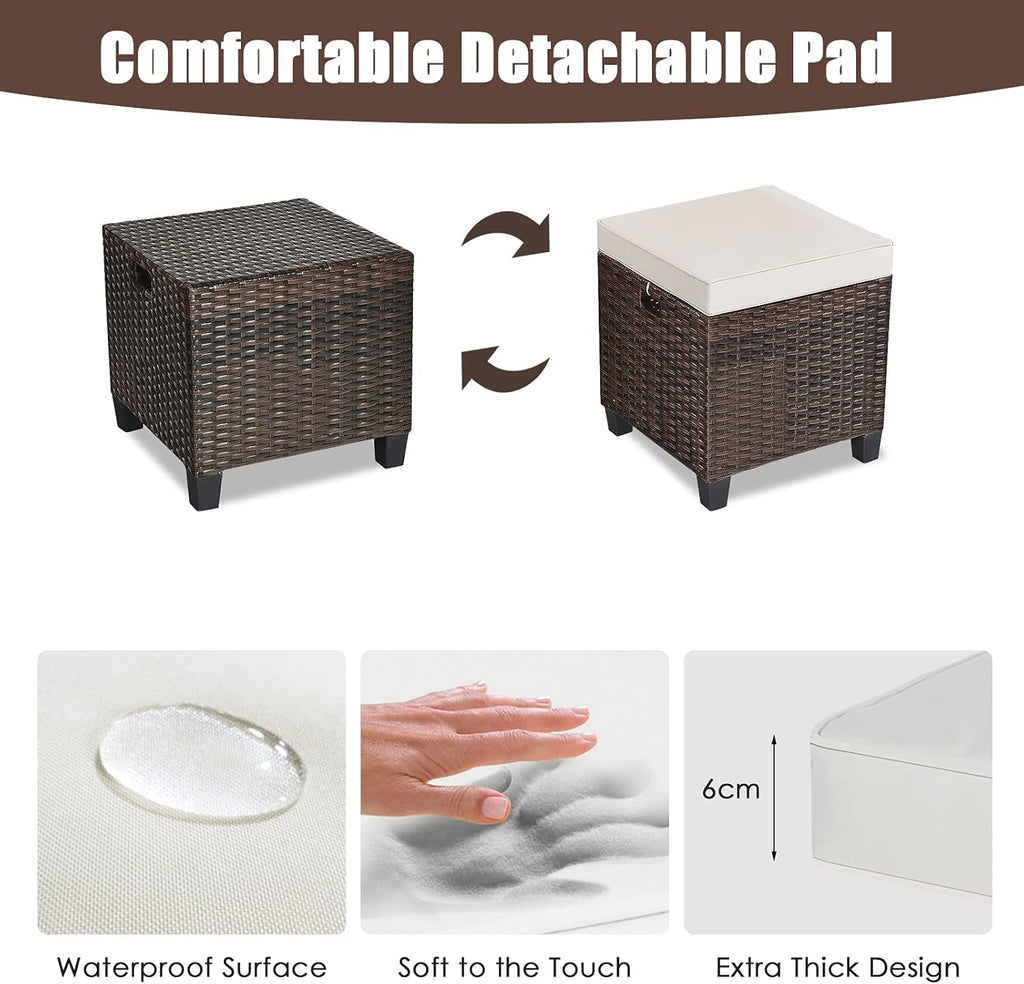2-Piece Rattan Patio Ottoman, All Weather Wicker Ottoman w/Removable Cushion & Steel Frame, Outdoor Footstool