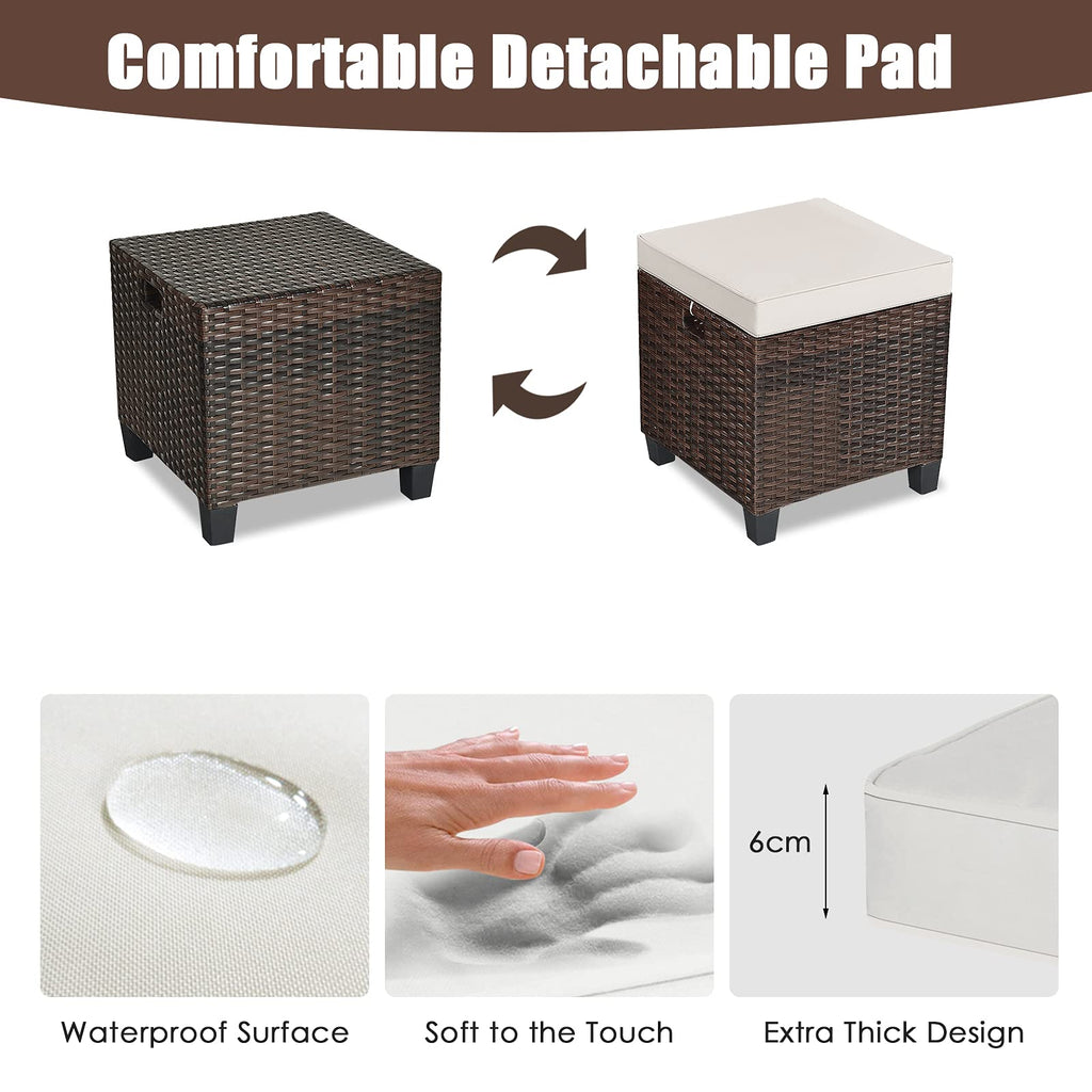Set of 2 Outdoor Ottoman, 16" Wicker Footstools, All-Weather Rattan Cube Foot Stool w/Removable Cushions, Square