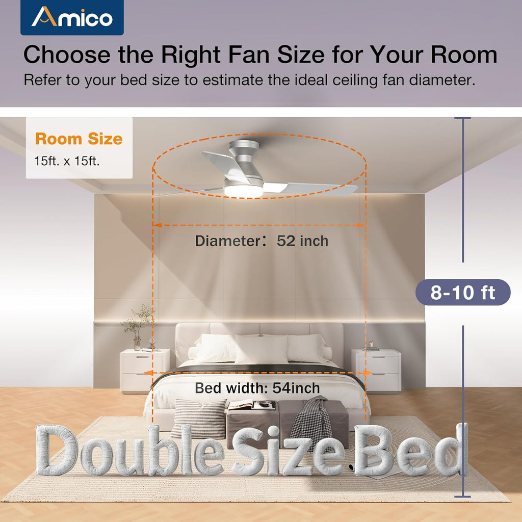 Ceiling Fans with Lights, 52 inch Low Profile Ceiling Fan with Light and Remote Control, Flush Mount, Reversible, 3CCT, Dimmable, Noiseless, Silver Ceiling Fan for Bedroom, Indoor/Outdoor Use A102-B0D87BJZ37