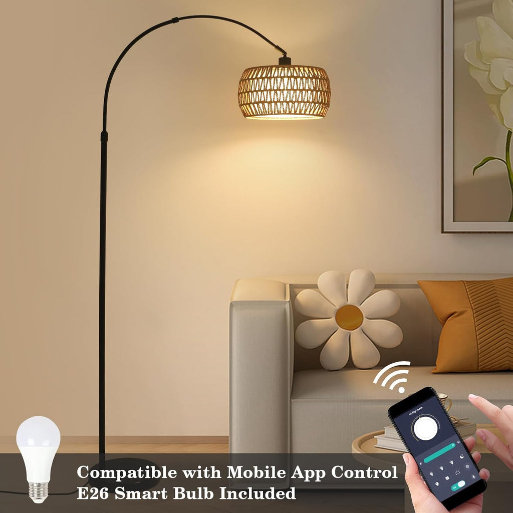 Arc Floor Lamps with 3 Color Temperatures, Black Standing Lamp with Remote & Dimmable LED Bulb, Rattan Boho Floor Lamp