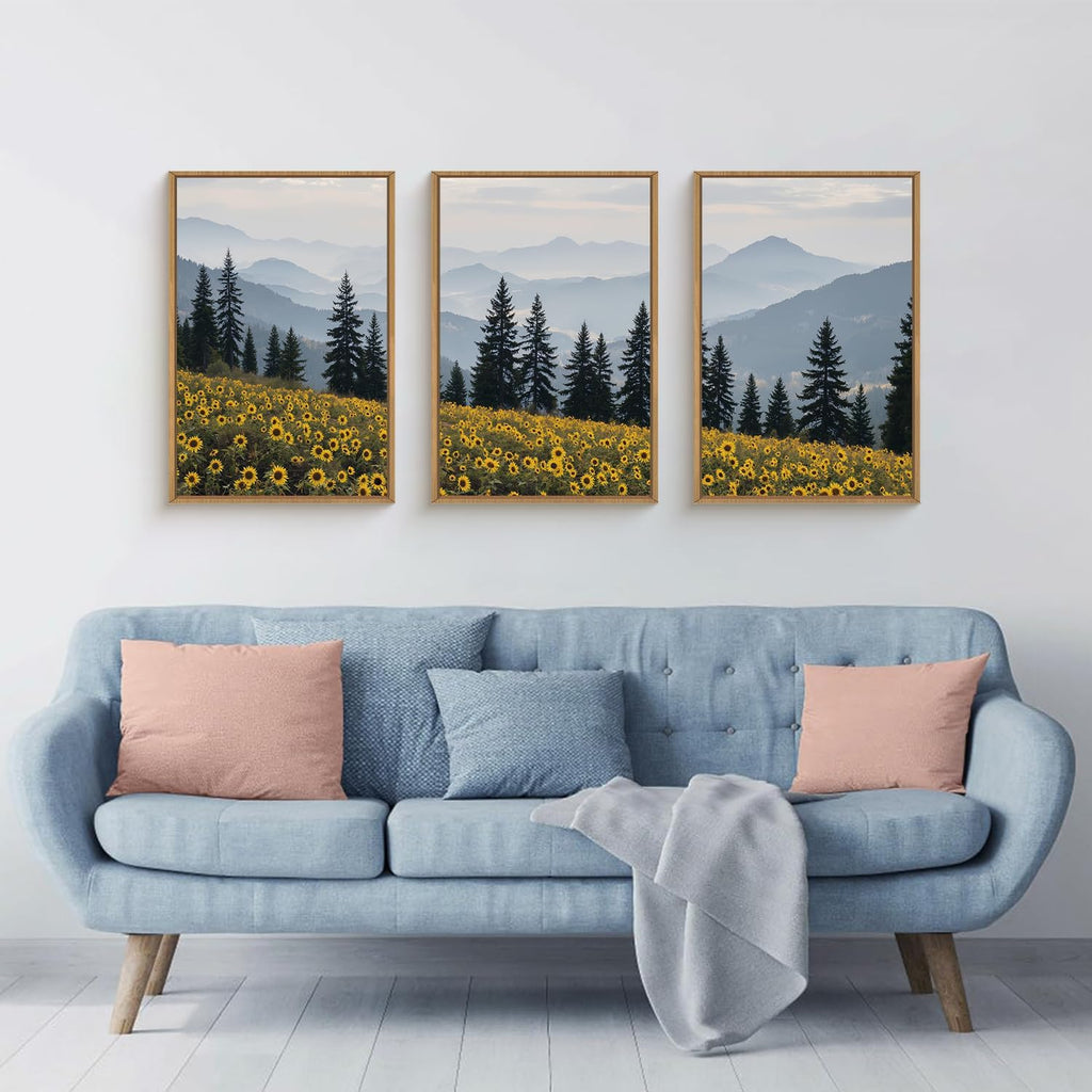 Large Boho Wildness Sunflowers Framed Canvas Wall Art Set, Nature Pine Tree Mountain Wall Decor, Misty Forest