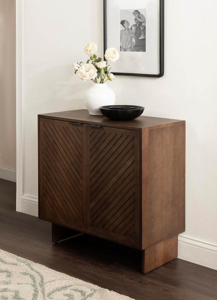 Mezzeta Modern Two-Door Chevron Slatted Wood Floor Storage Cabinet, 30 x 15 x 30, Natural Wood, Transitional Living