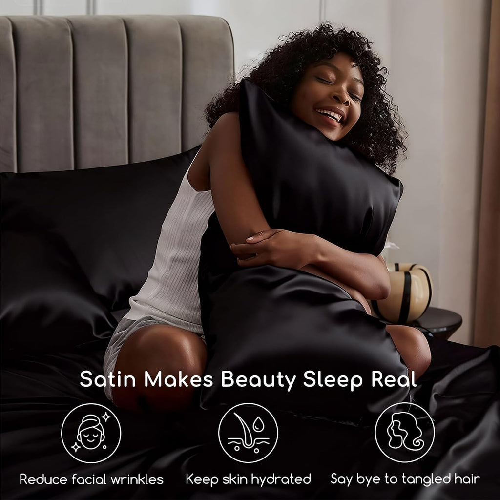 Satin Bed Sheets, Queen Sheets Set, 4 Pcs Silky Bedding Set with Elastic Corner Straps and 15 Inches Deep Pocket for