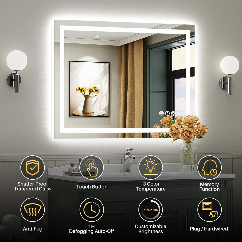 48x30 Inch LED Bathroom Mirror with Lights, Backlit & Front Lit