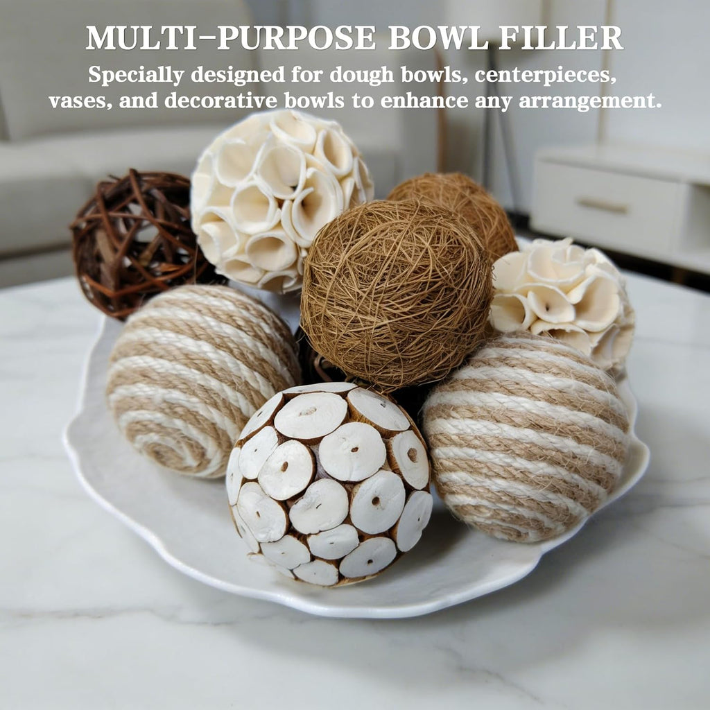 2.5" Decorative Balls for Bowls, Natural Handmade Orbs Bowl Filler Decor, Table Centerpiece & Dough Bowl Vase - Set of 10