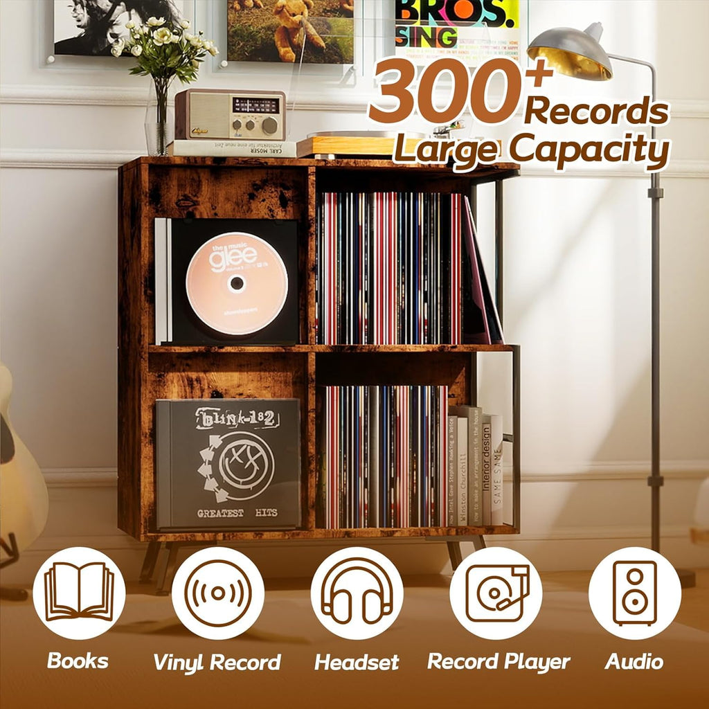 3 Tier Record Player Stand with Flip-Down Record Shelf, Rustic Brown