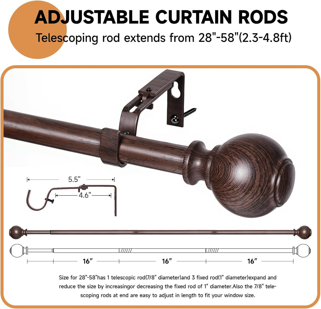 Wood Curtain Rods for Windows 28 to 48 Inches,1 inch Heavy Duty Window Curtain Rods with Imitation Wood Grain Finials