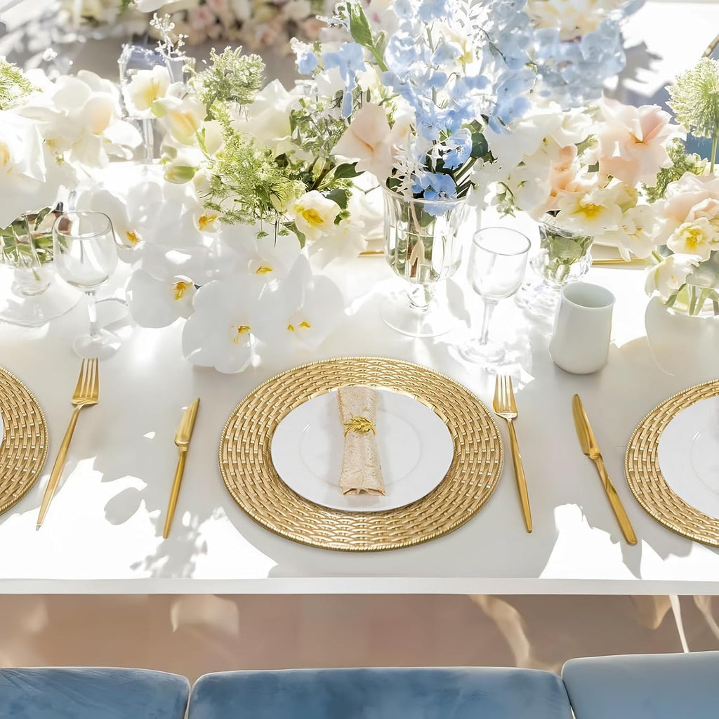 Faux Rattan Charger Plates, Round Gold Plate Chargers - Set of 12