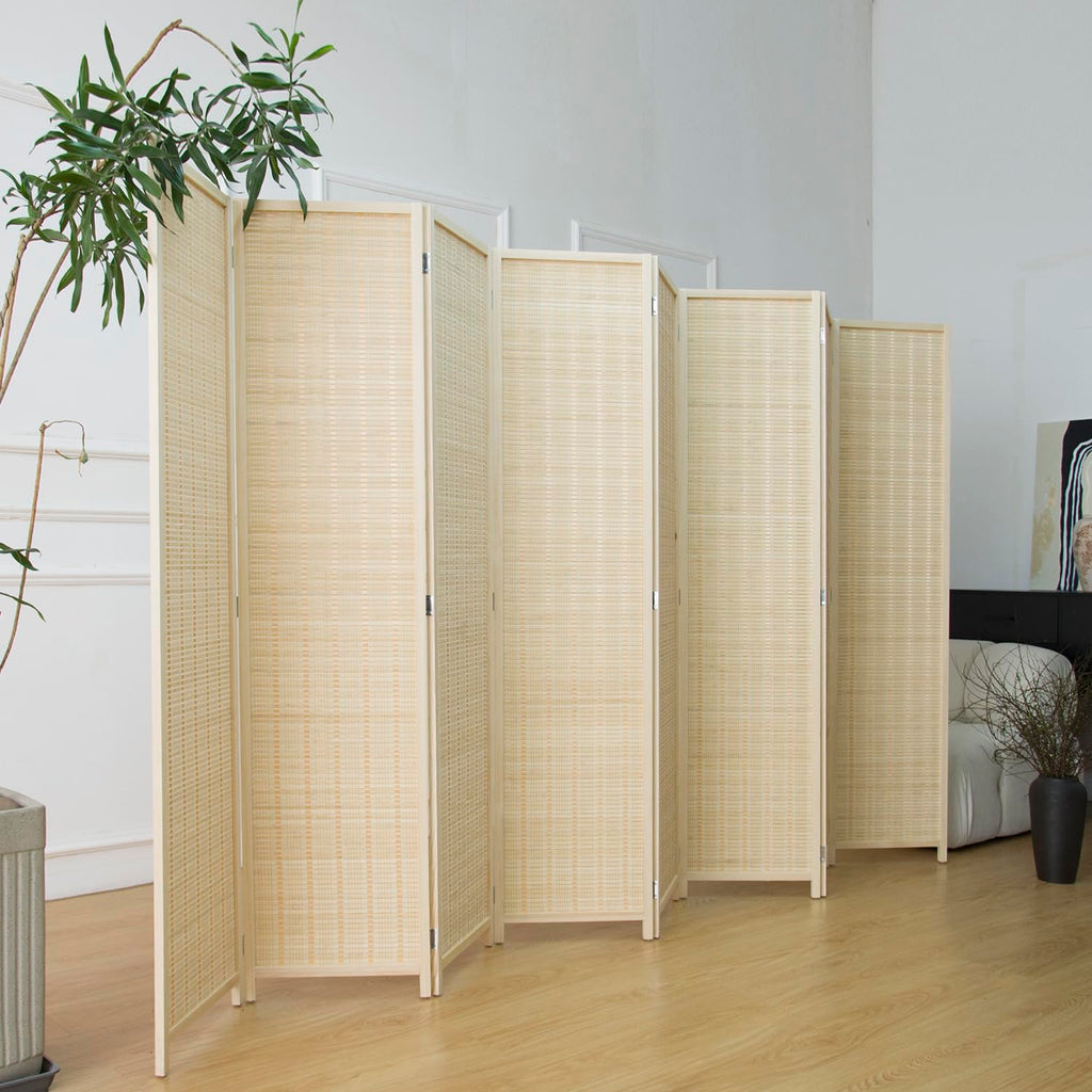 8 Panel Bamboo Room Divider - 5.6 ft Tall Folding Privacy Screen, Natural Beige Freestanding Partition Wall (67" x