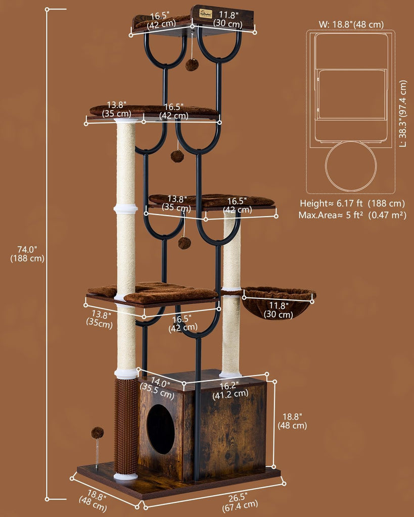 74" Cat Tree, Cat Tower for Indoor Cats, Modern Cat Tree Tower