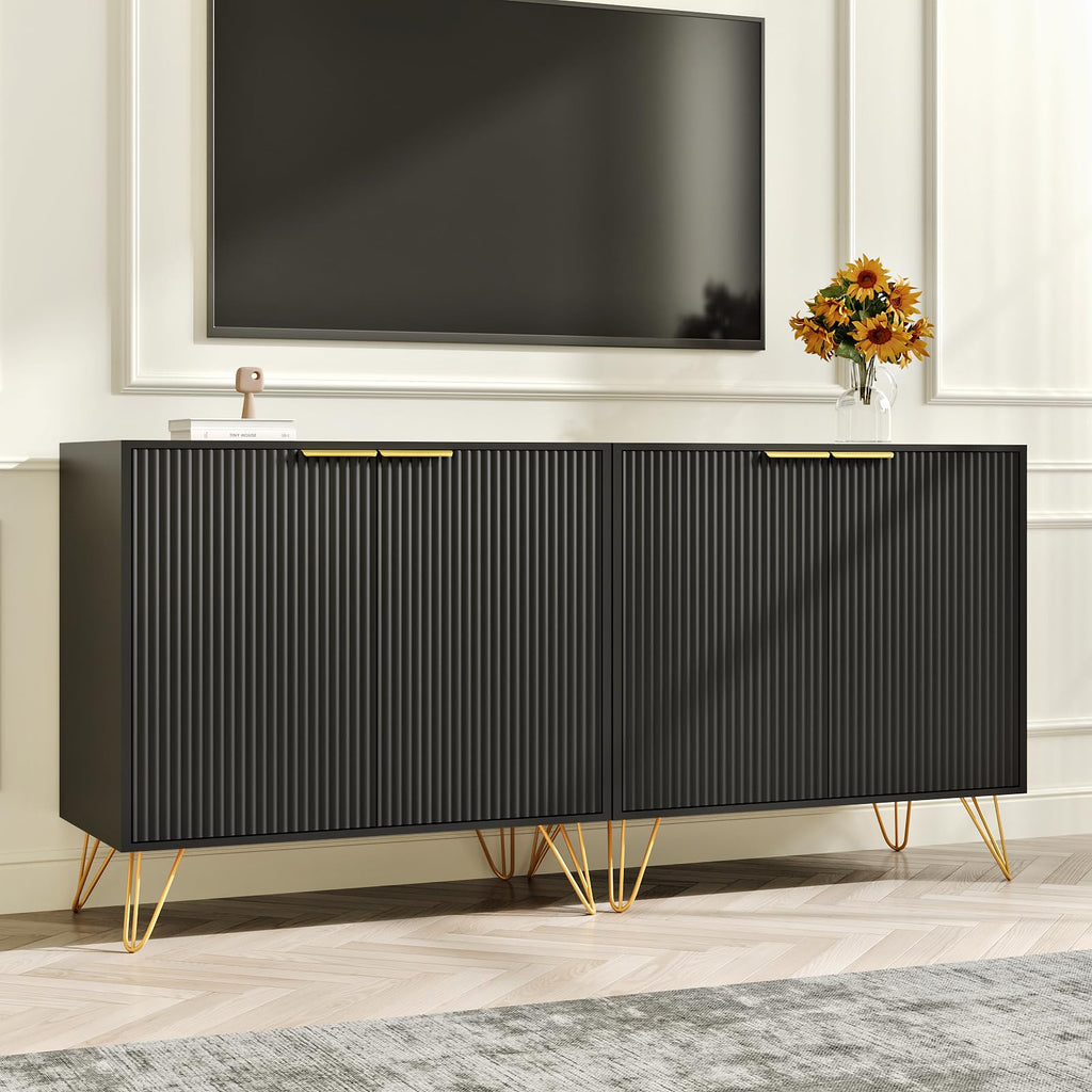 Fluted Storage Cabinet Sideboard Accent Cabinet with 2 Doors, Black, 1PC丨Buffet Cabinet with Metal Legs and