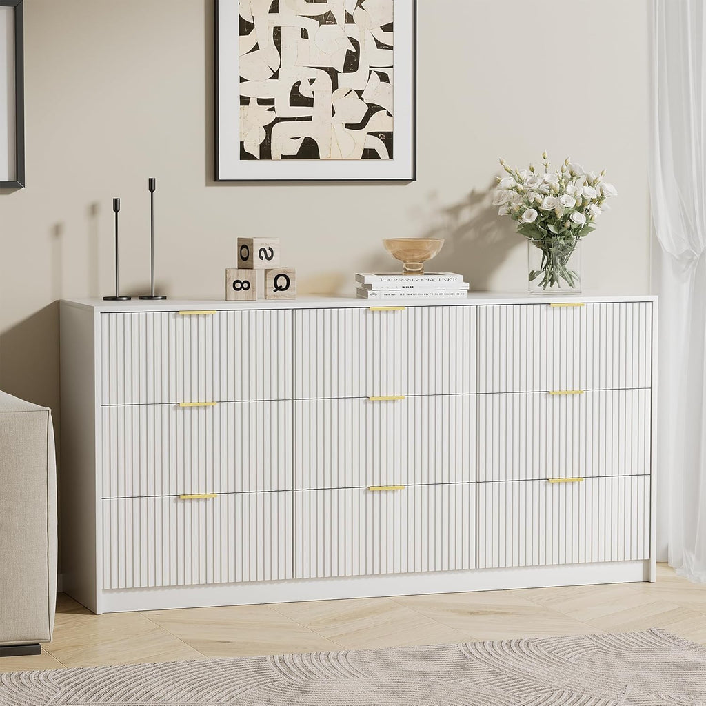 9 Drawer White, 63" Modern Fluted with Gold Handles and Smooth Slides, Wide Chest of Drawers for Closet, Living