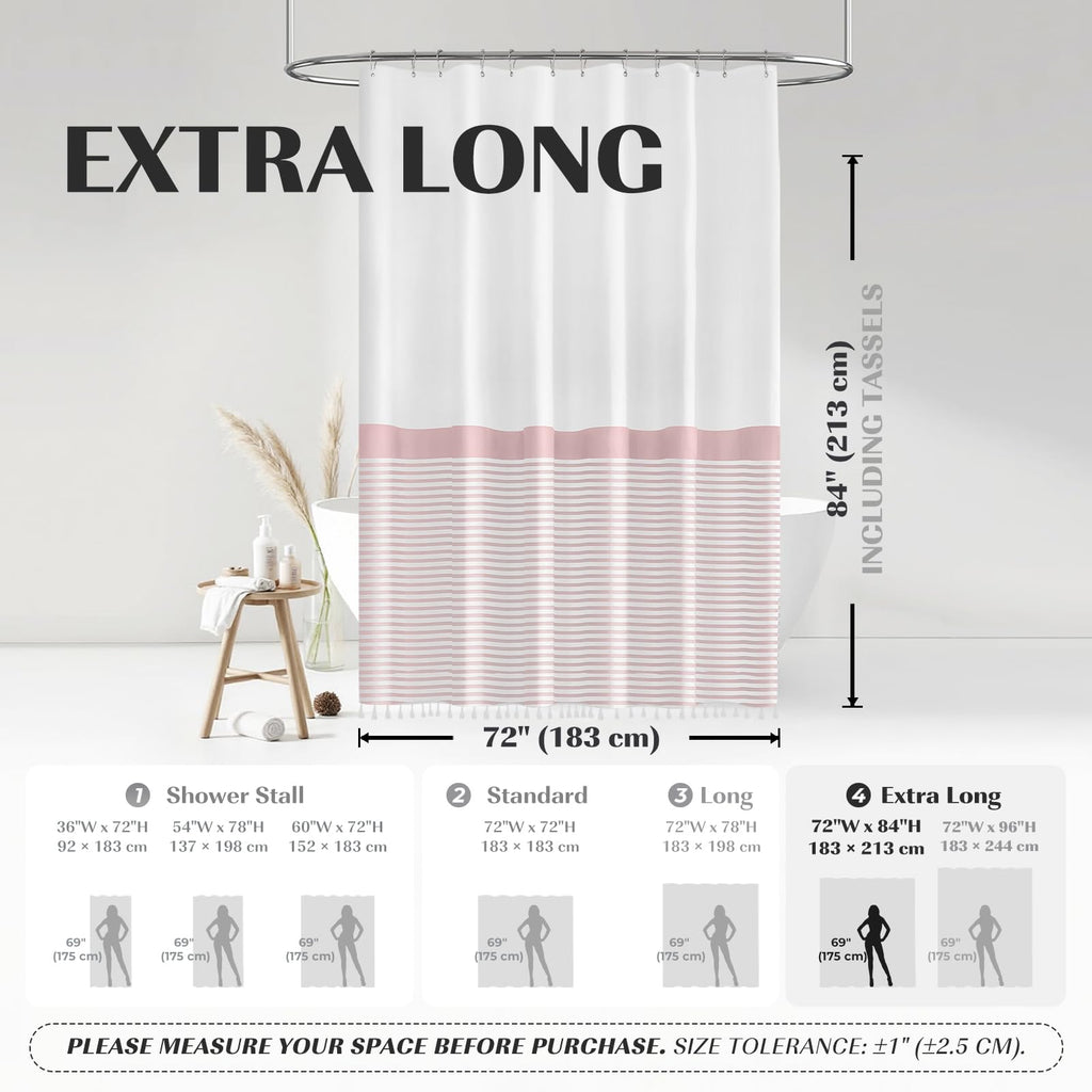 Pink Tassel White Fabric Long Decor, Striped Shower Curtains, 84 Inch Shower Curtains Waterproof 72 x 84