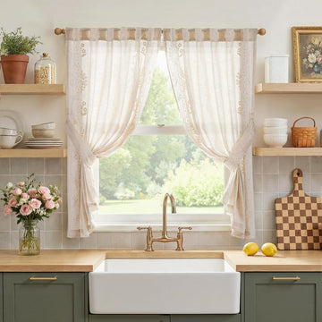 Belrose Linen Floral Cafe Curtains 45 Inch Length Embroidered Farmhouse Curtains for Kitchen Bedroom Bathroom Small