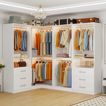 Closet System with 6 Wooden Drawers, 4.5-21.6FT L-Shaped | Corner Closet organizer System with 10 Expandable Hanging