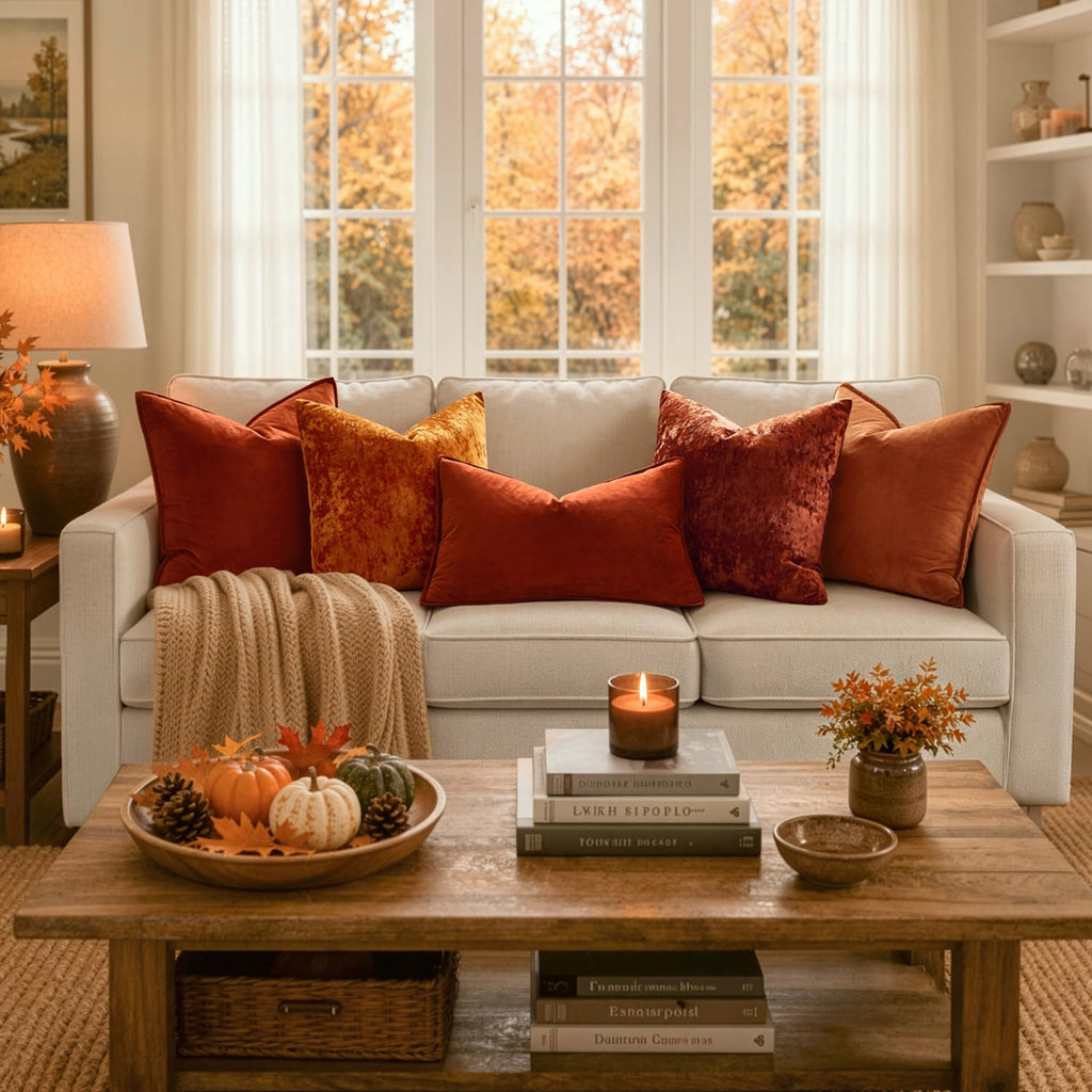 Fall Decorative Rust Velvet Throw Pillow Covers for Couch 20x20 Inch
