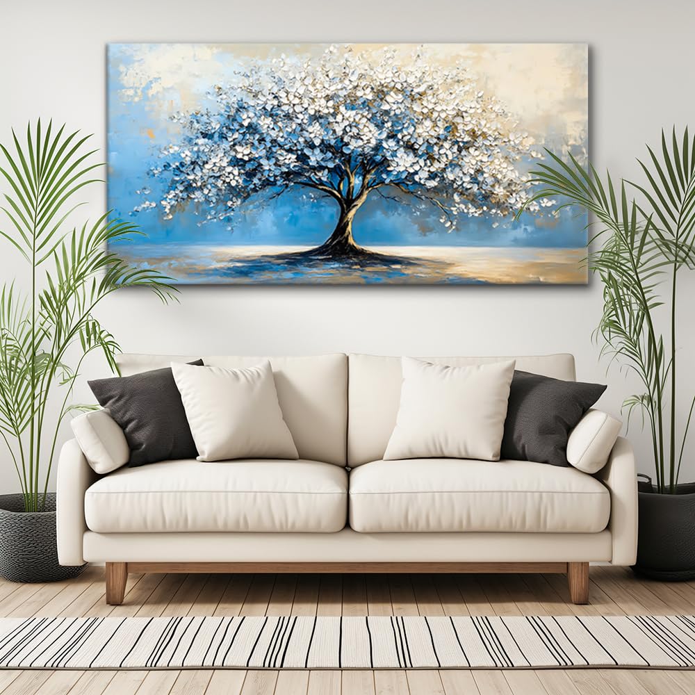 Contemporary Tree of Life Wall Art Office Navy Blue White Floral Canvas Painting Prints Nature Artwork over the Couch