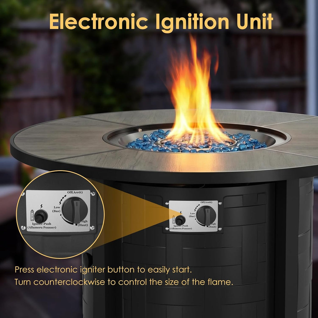 42-Inch Round Propane Fire Pit Table, 50,000 BTU, Gray | Round Gas Fire Table with Blue Fire Glass; Lid Restores