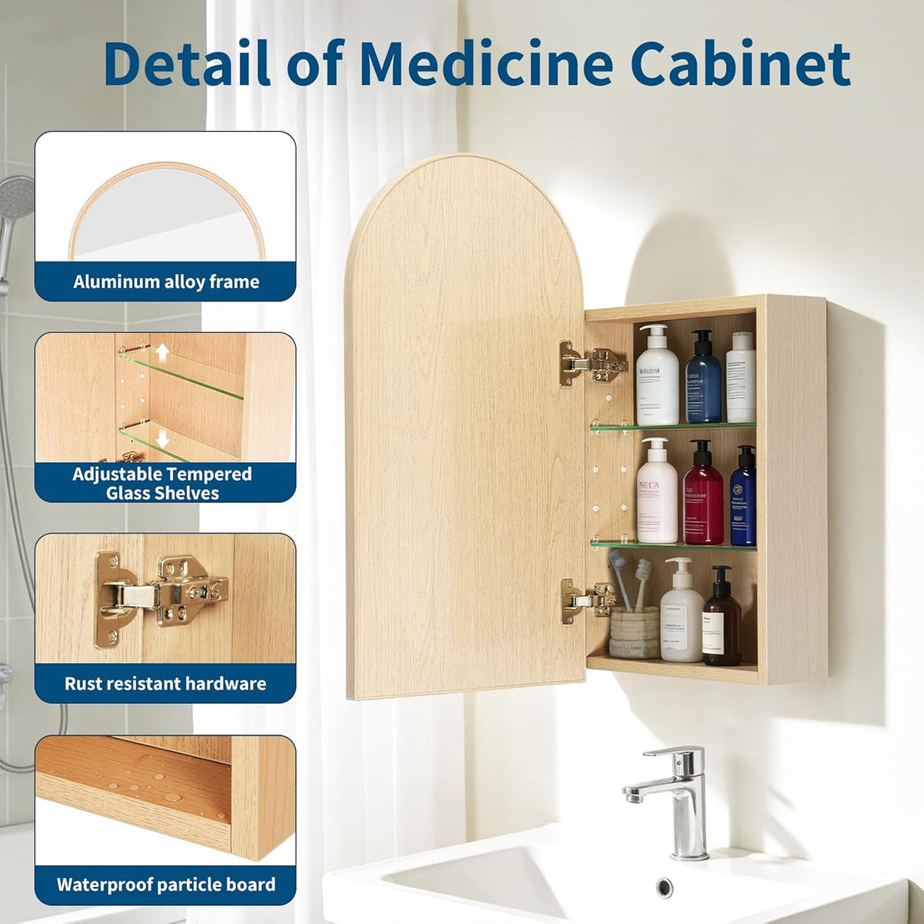 16x30'' Arched Medicine Cabinet with Mirror,Rust-Proof Aluminum, Recessed & Surface Mount Bathroom Mirror with