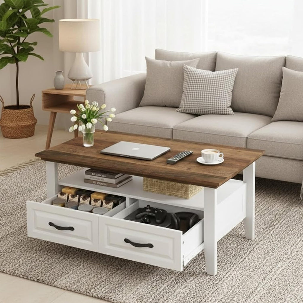 Amada Coffee Table, 39.4" Small Coffee Table with Storage, Open Display Shelf and Hidden Drawers