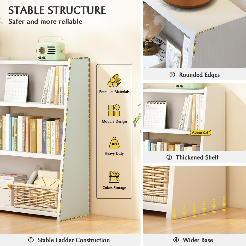 Wooden Extendable Shelf Bookcase, 3-Tier Low Bookshelf, Walnut, S