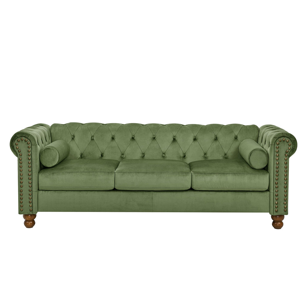 80.3" Green Velvet Chesterfield Sofa with Nailhead Trim, 3-Seater Couch