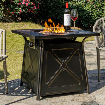 28 inch Propane Fire Pit Table,Gas Fire Pits Table for Outside,50000 BTU Propane Firepit with Lid &Lava Rocks,Gas