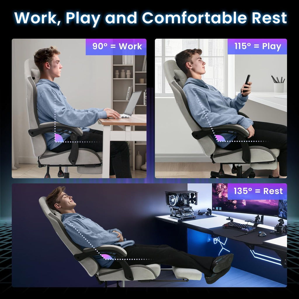 Gaming Chair, Reclining Backrest, Footrest, Fabric, Grey | Ergonomic Design with Reclining Backrest, Linkage Armrests