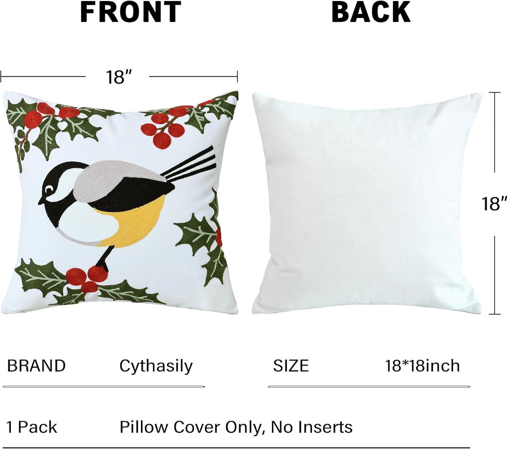 Christmas Pillow Covers 18x18 Inch, Cute Bird Decorative Throw Pillow Cover, Embroidered Square Pillowcases Winter