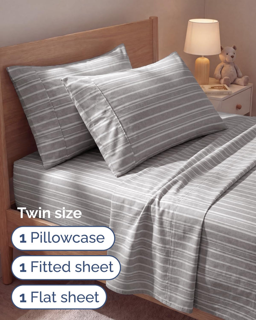 CGK Twin 4pc Bed Sheet Set - Breathable & Cooling - Grey Stripes