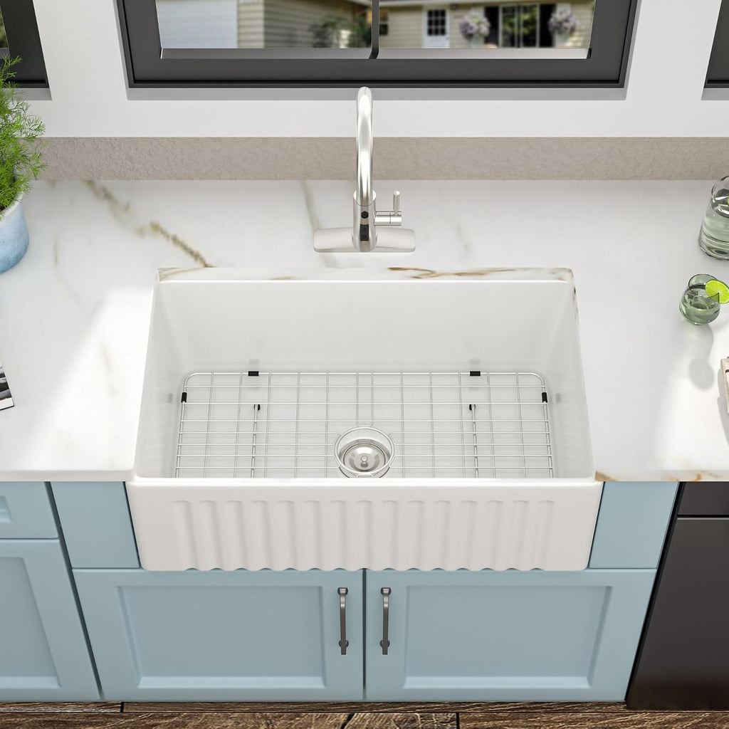 30"x18" White Farmhouse Sink - Reversible Apron Front, High-Gloss Fireclay Porcelain Ceramic Farm Kitchen Sink