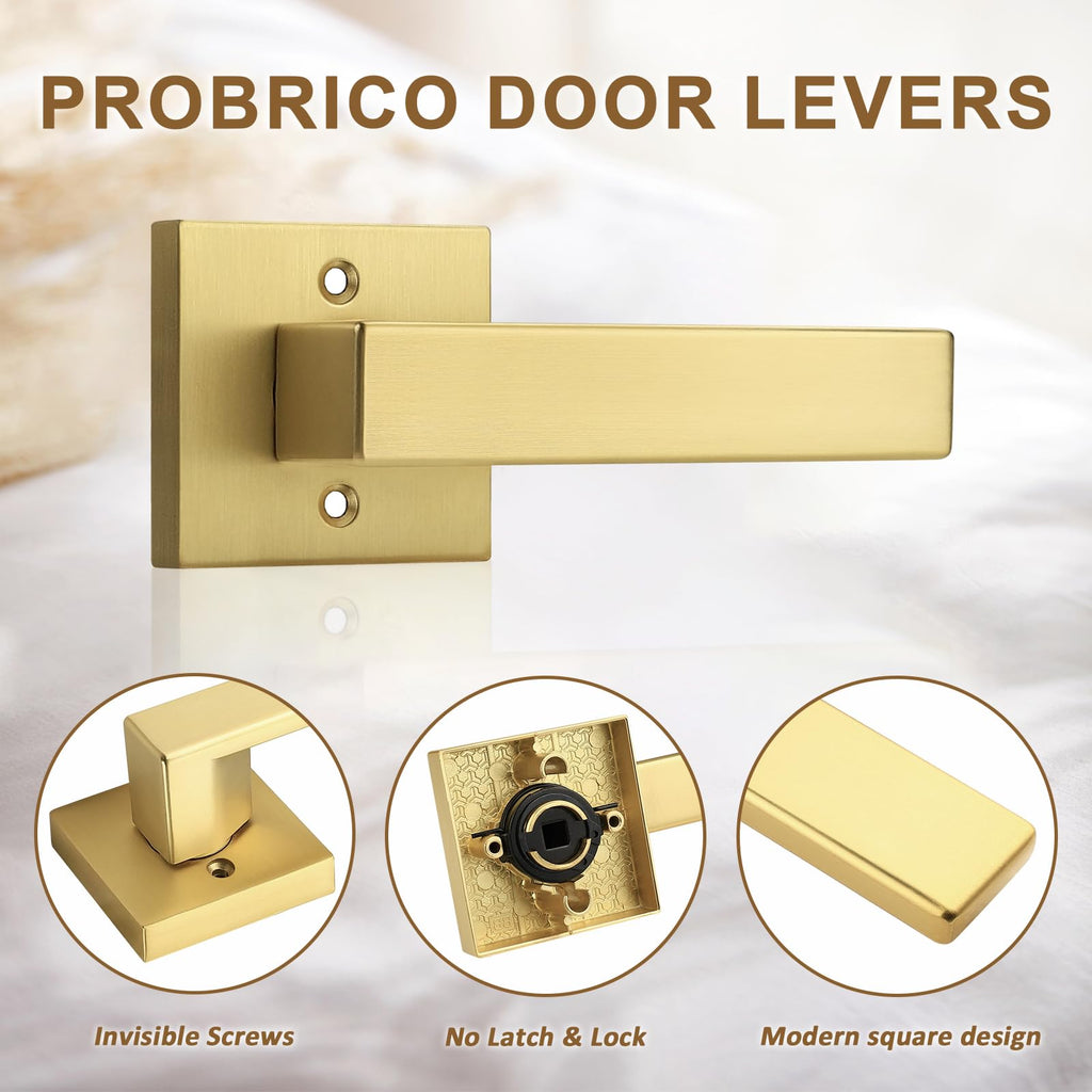 8 Pack Gold Dummy Door Handles,Modern Closet Door Levers,Heavy Duty Interior Non-Turning Handle Reversible for Right