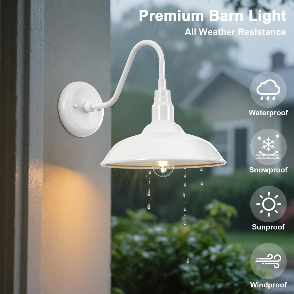 Outdoor Gooseneck Barn Light Fixture with Wall Mount, 10'' Diameter White Exterior Waterproof Wall Lantern for Porch