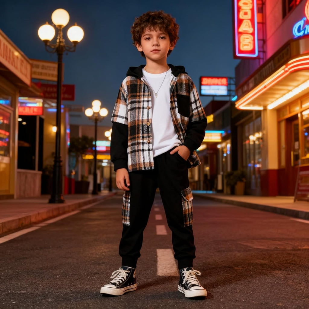 Boys Clothes Flannel Plaid Shirt Hooded Sweatshirt & Pants 3PCS Kids Boys Fall Winter Outfits Sets