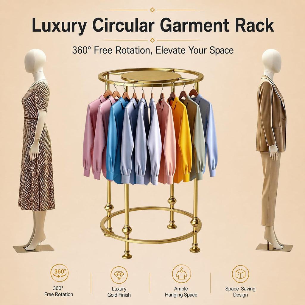 Round Garment Rack for Retail Display - Heavy Duty Clothing Rack Gold