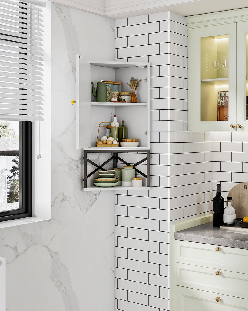 Bathroom Wall Cabinet, Corner Medicine Cabinet, Wall Mount Corner Cabinet with Open Shelf and Adjustable Shelf
